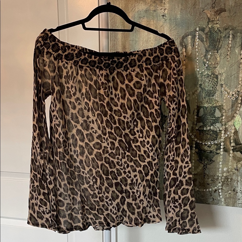 Y2K Arden B Animal Print Off-Shoulder Sheer Blouse